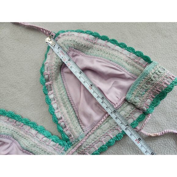 New Rinikini Bikini Top Small Crochet Metallic Teal Blue Silver Tassle - Picture 8 of 9